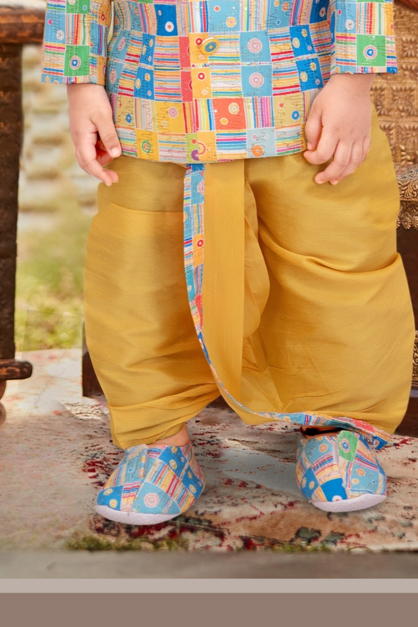Multicolor & Mustard Boys’ Festive Printed Kurta Dhoti Set