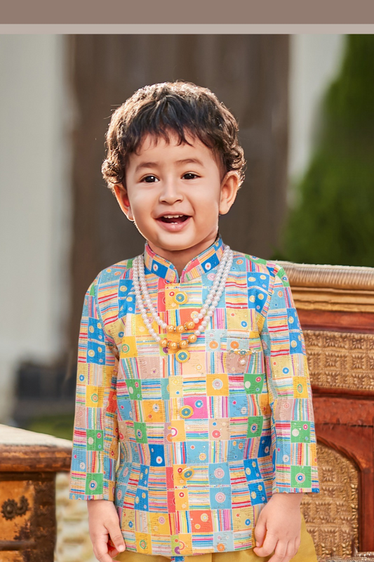 Multicolor & Mustard Boys’ Festive Printed Kurta Dhoti Set