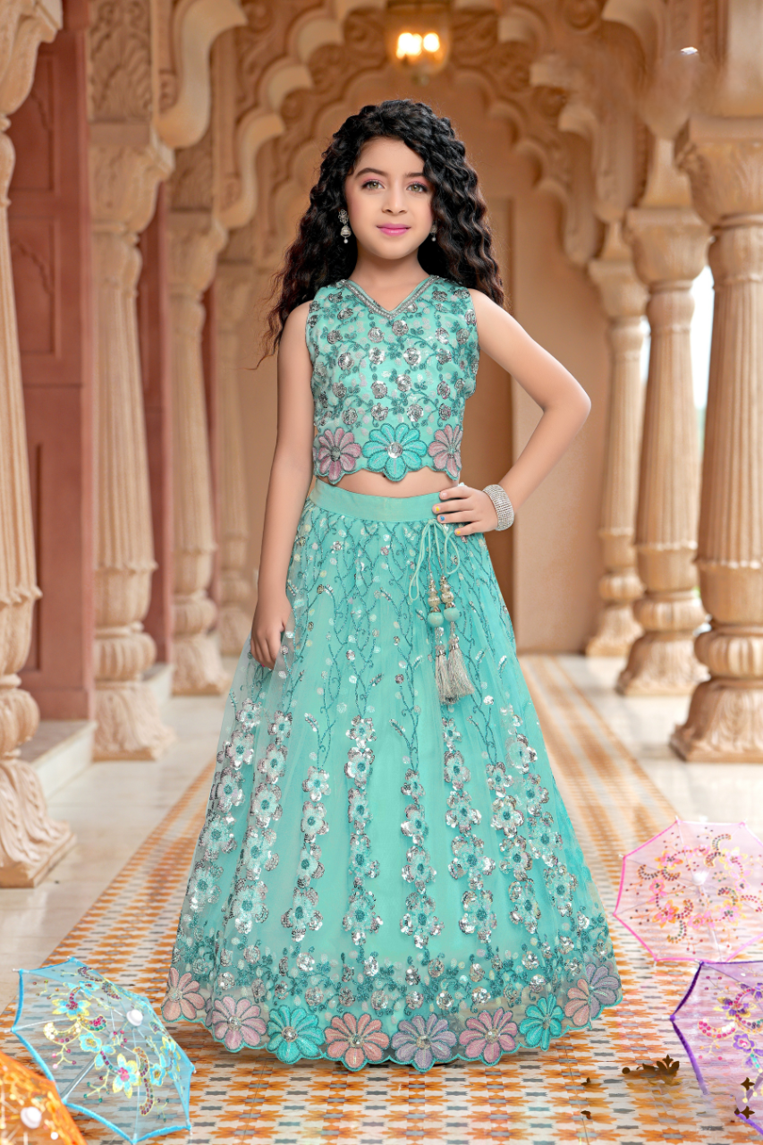 Sky Blue Girls' Floral Embroidered Lehenga Choli Set