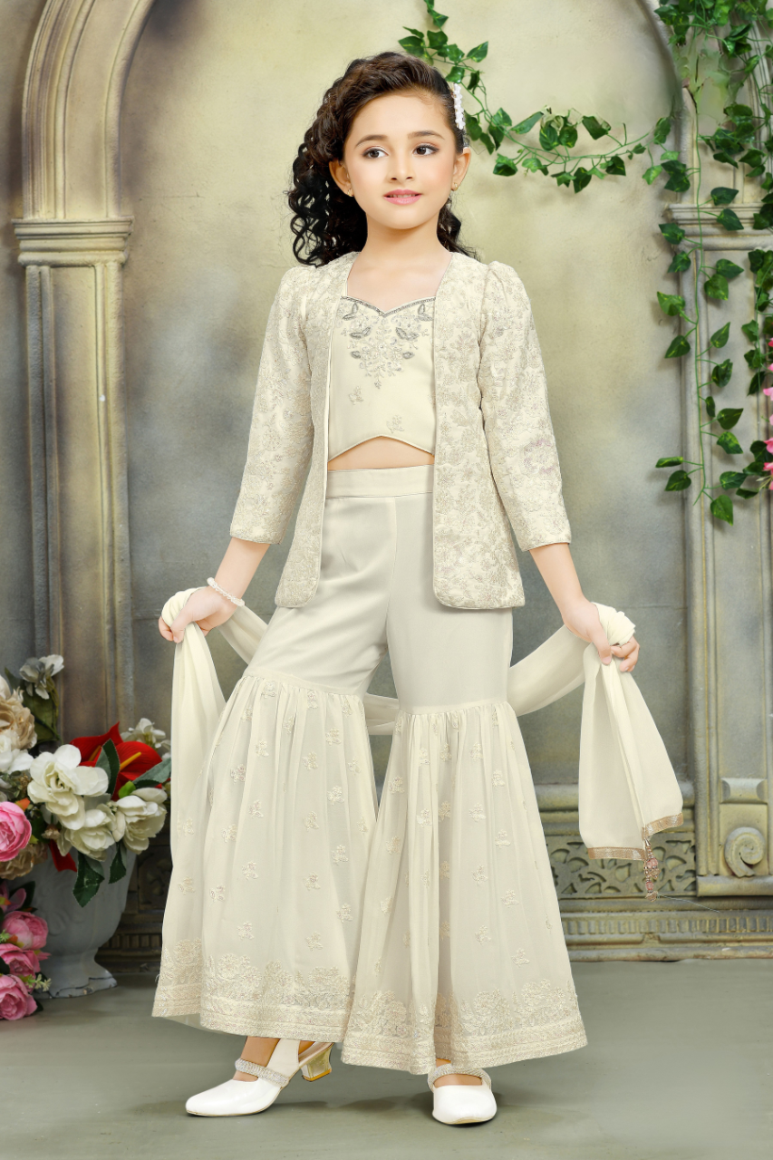 Cream Girls' Embroidered Jacket & Sharara Set