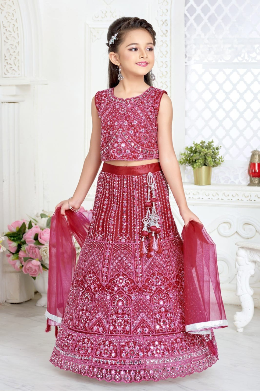 Rani Pink Girls' Mirror-Embroidered Festive Lehenga Set
