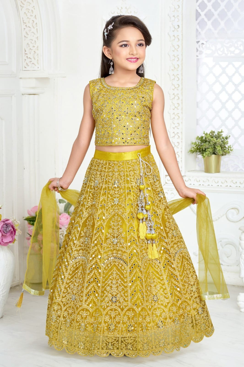 Yellow Girls' Mirror-Embroidered Festive Lehenga Set