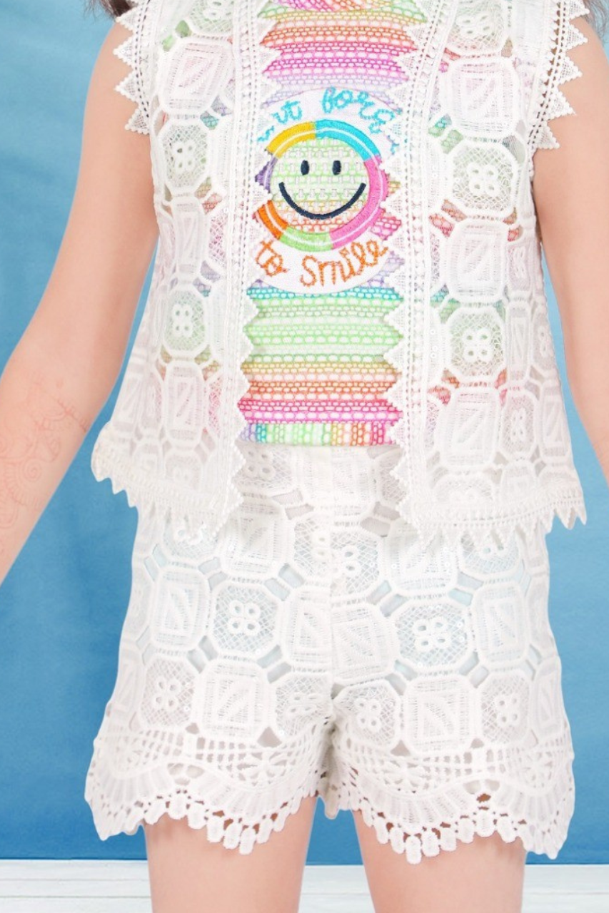 White & Multicolor Crochet Lace Shorts Set