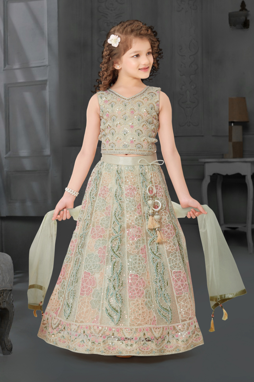 Cream Girls' Floral Embroidered Designer Lehenga Set