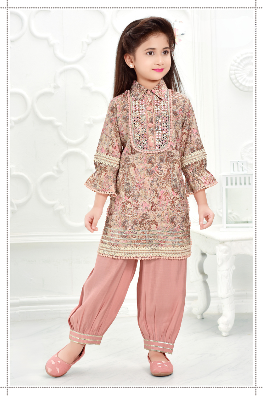 Peach Embroidered Kurta and Tulip Pants Set