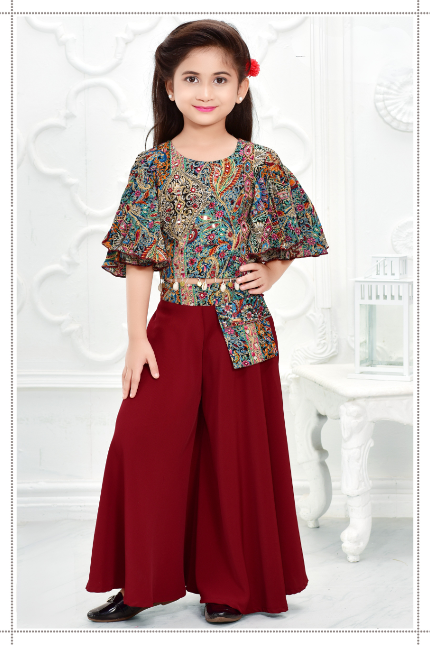 Maroon Printed Cape Top and Flared Palazzo Set