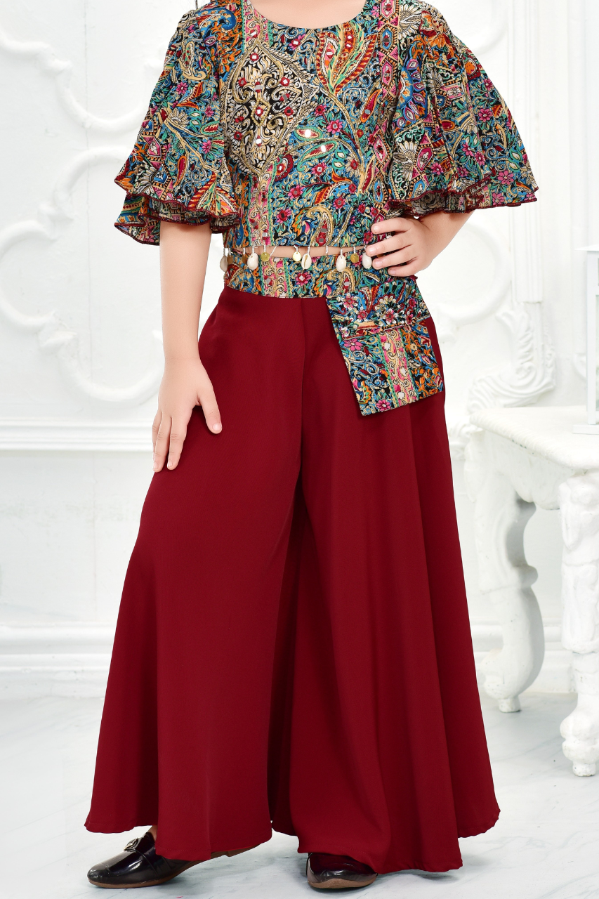 Maroon Printed Cape Top and Flared Palazzo Set