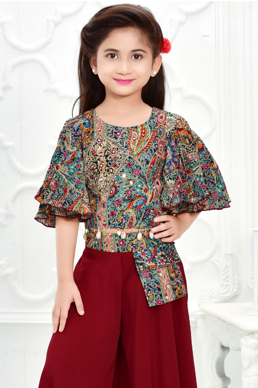Maroon Printed Cape Top and Flared Palazzo Set