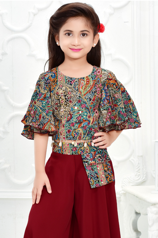 Maroon Printed Cape Top and Flared Palazzo Set