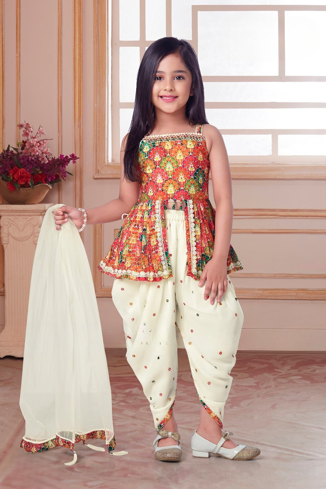 Cream Multicolor Celebration Dhoti Set
