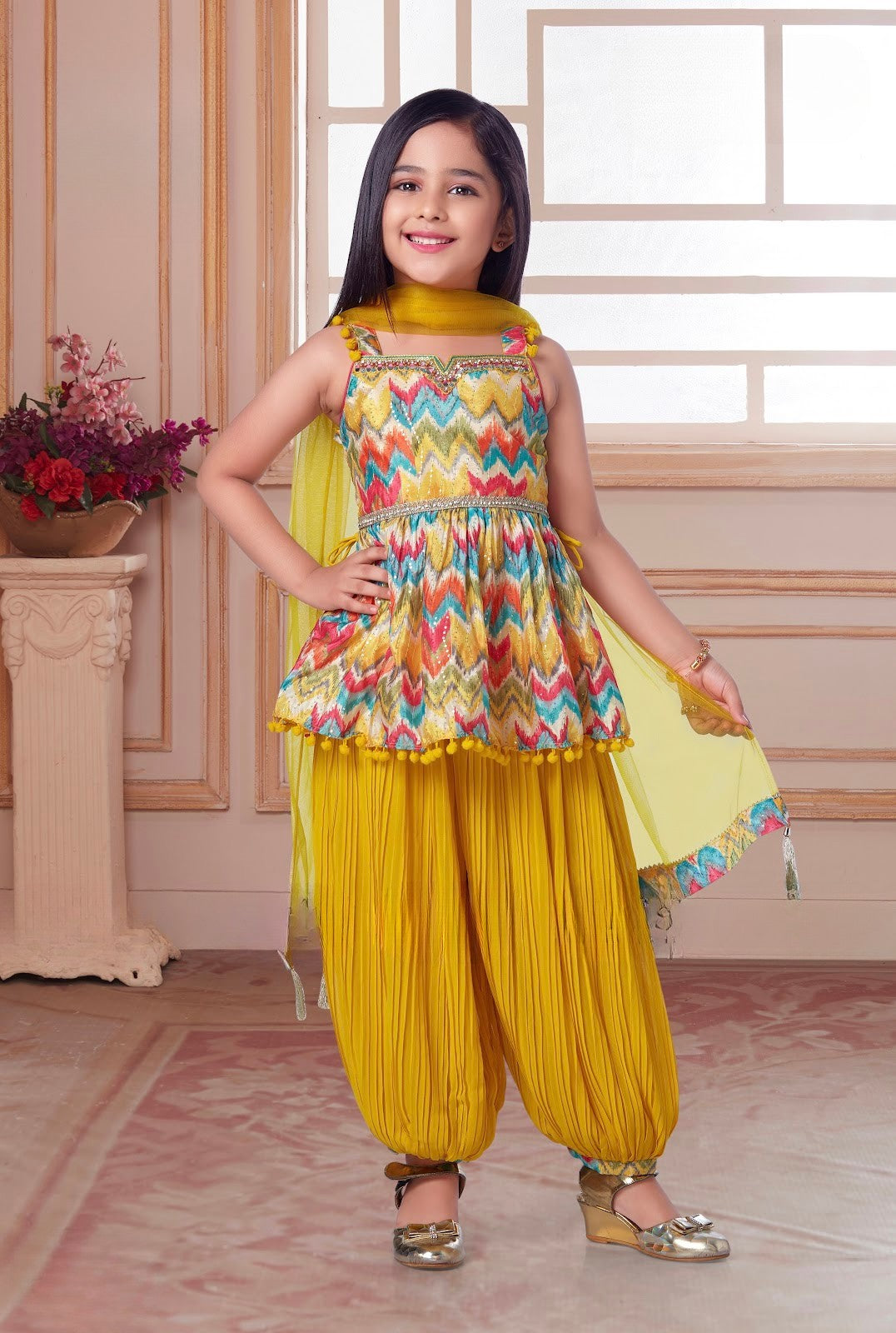 Multicolor Zigzag Peplum with Mustard Patiala Set