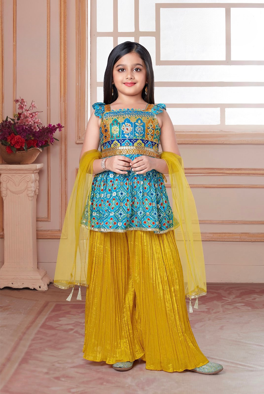 Royal Blue Kutchi Peplum with Mustard Plazzo Set