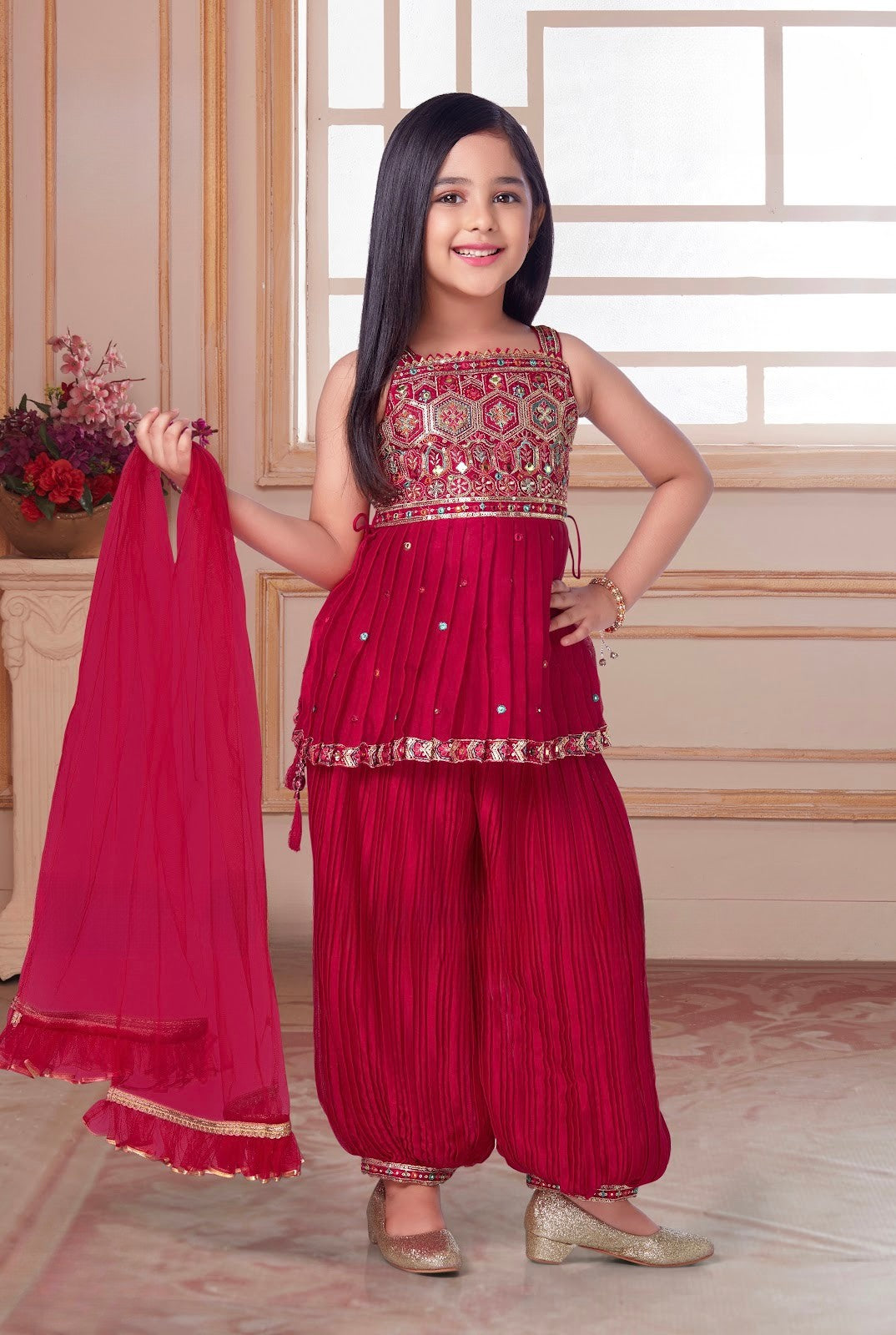 Rani Pink Mirror-Embroidered Kurti with Pleated Balloon Pants