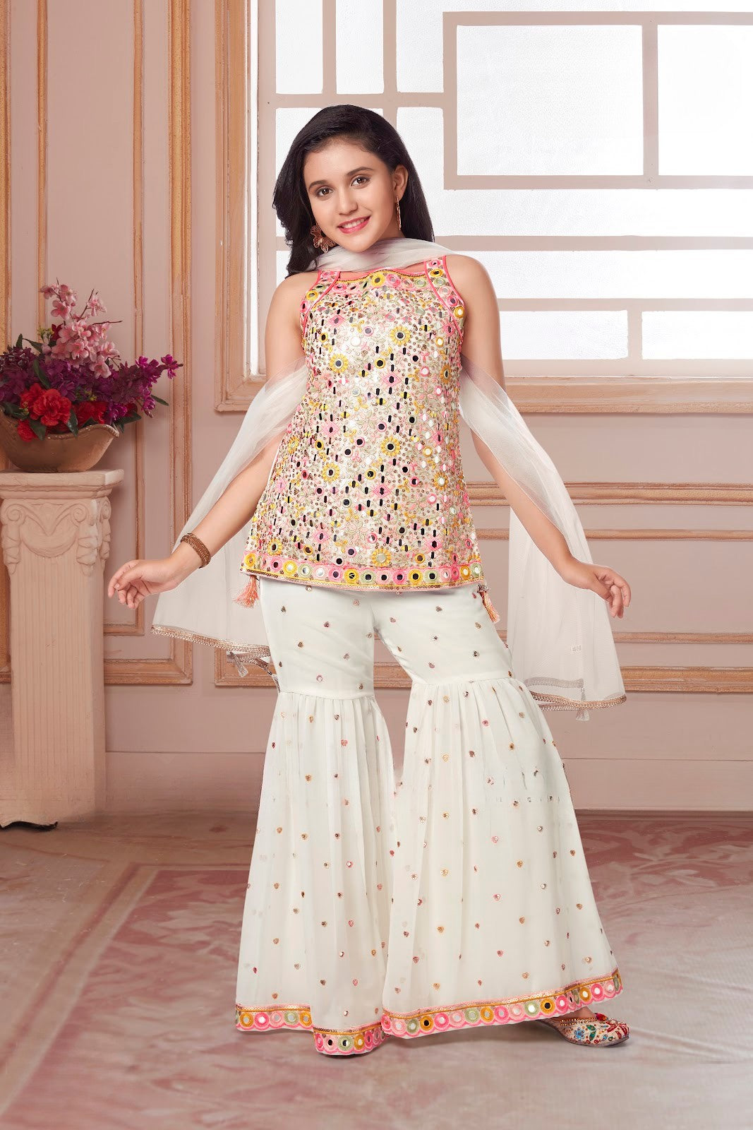 Cream Mirror-Embroidered Flared Sharara Set