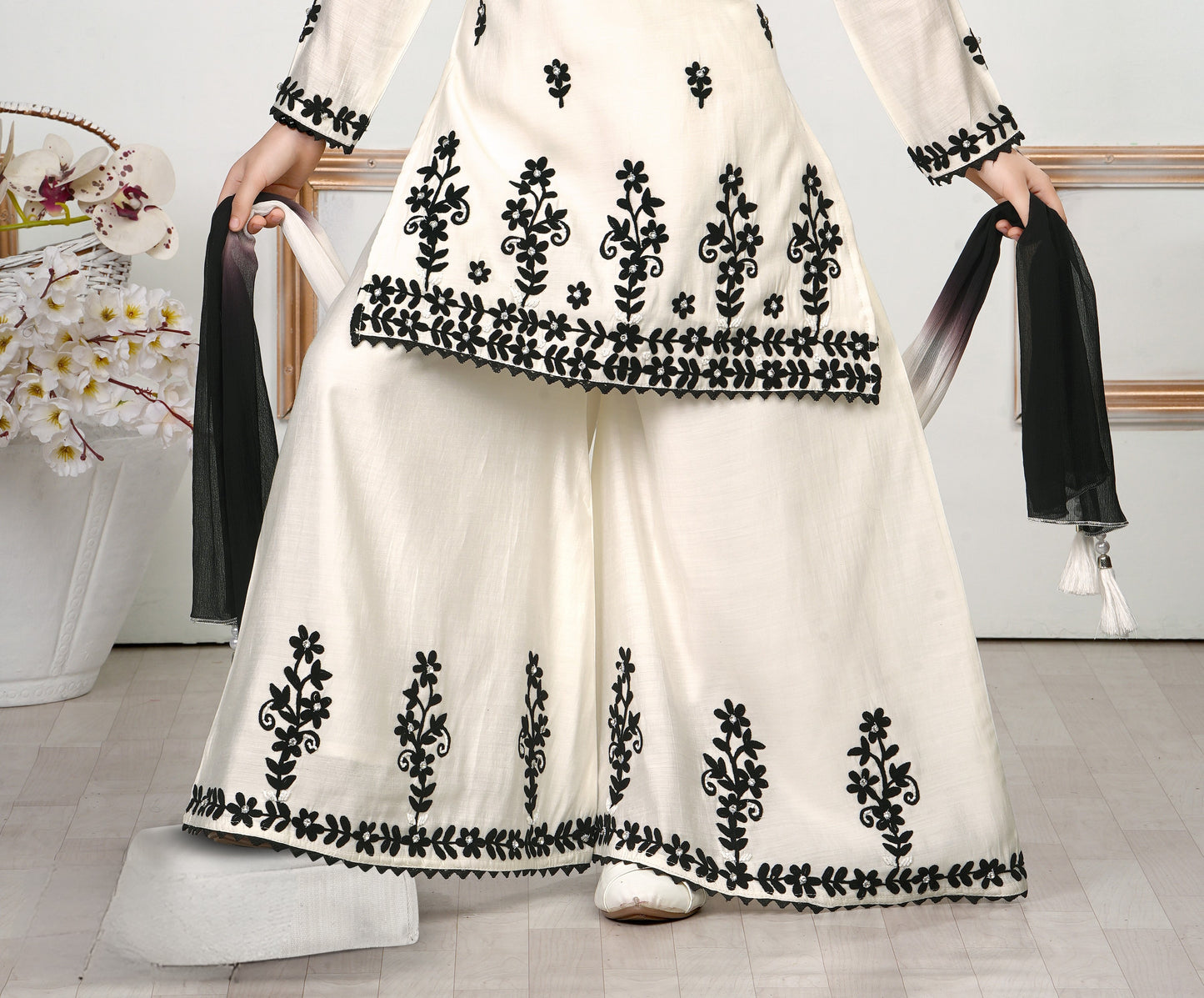 White & Black Princess Embroidered Palazzo Set