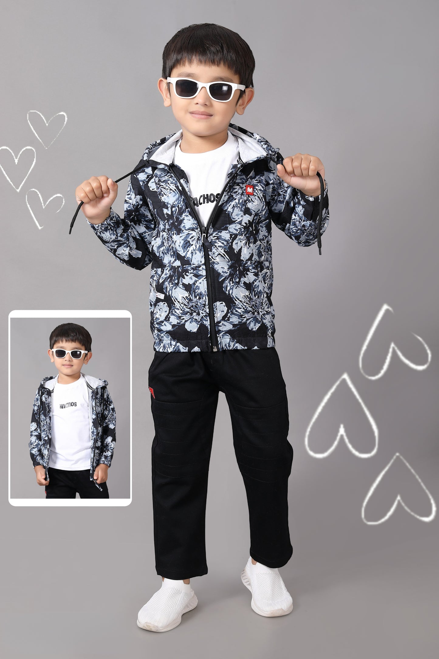 Black & White Floral Print Casual Hoodie Set