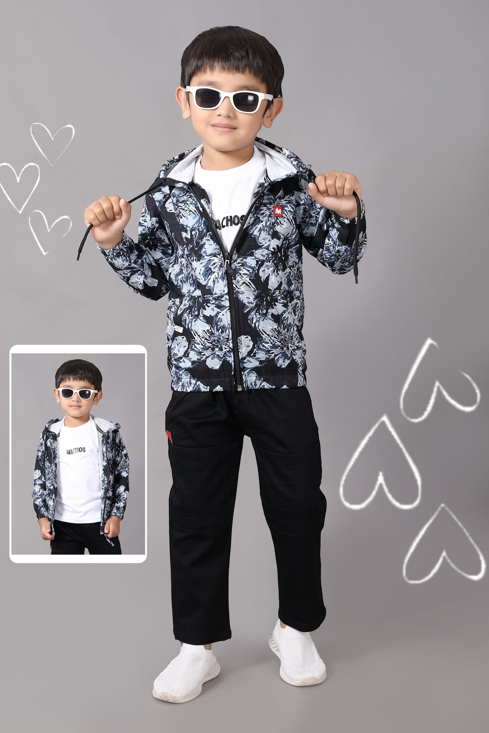 Black & White Floral Print Casual Hoodie Set