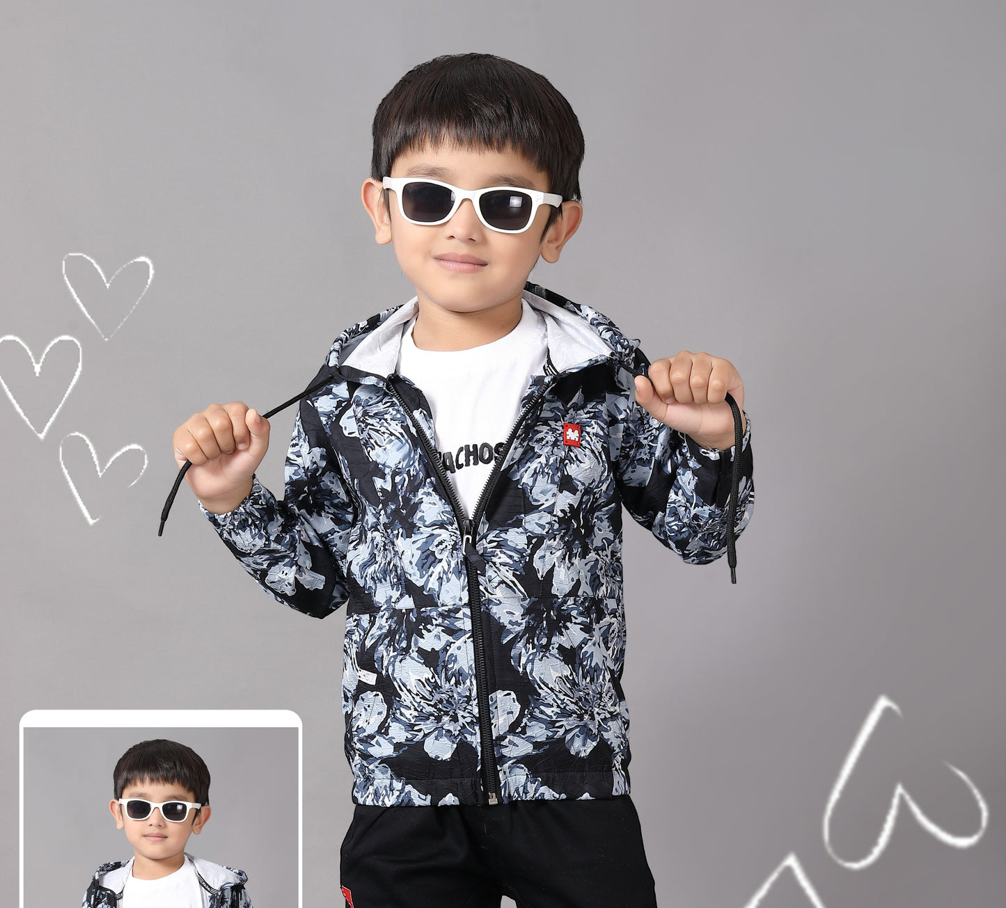 Black & White Floral Print Casual Hoodie Set