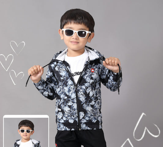 Black & White Floral Print Casual Hoodie Set