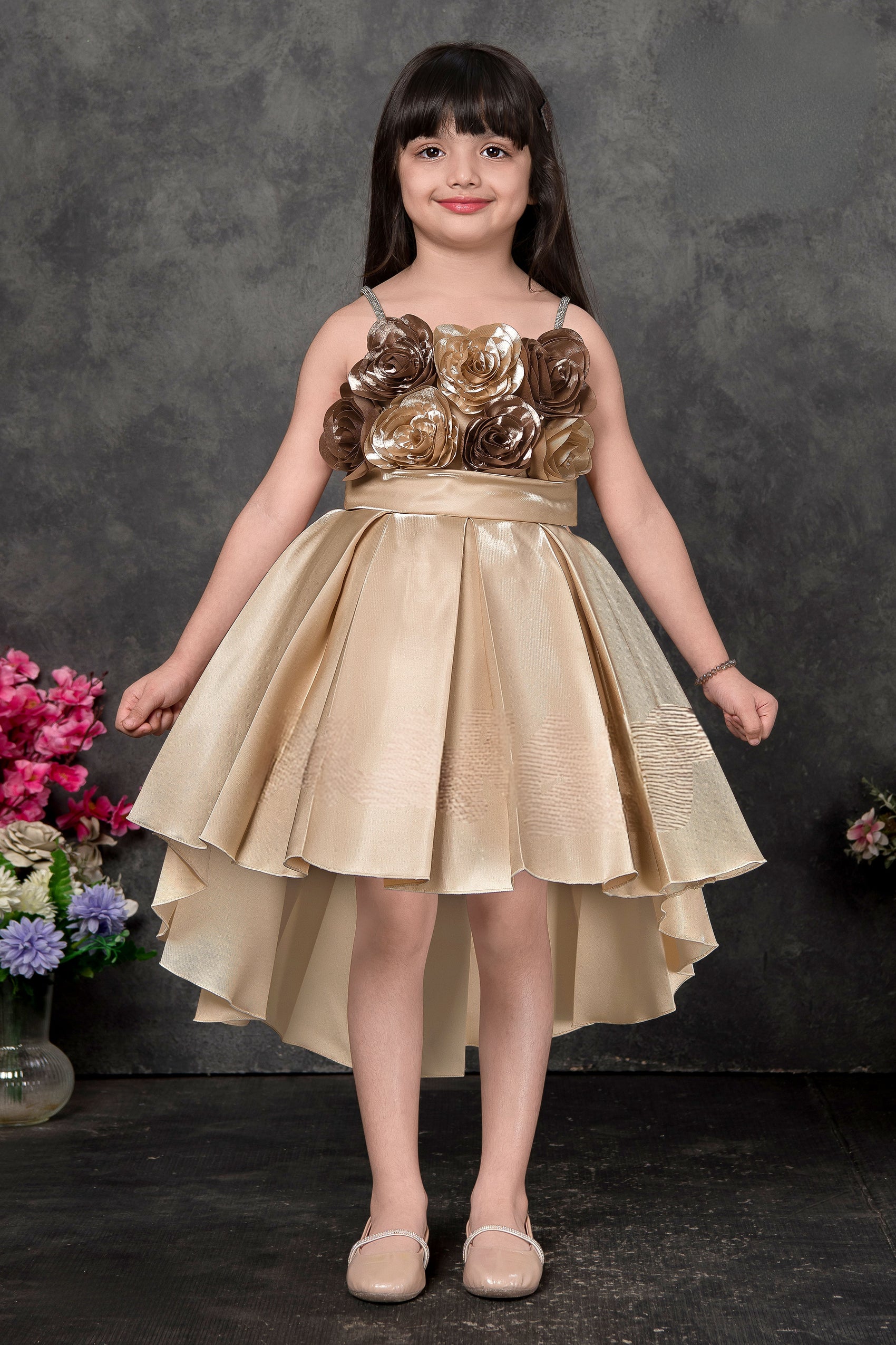 Gold Princess 3D Flower Party Dress