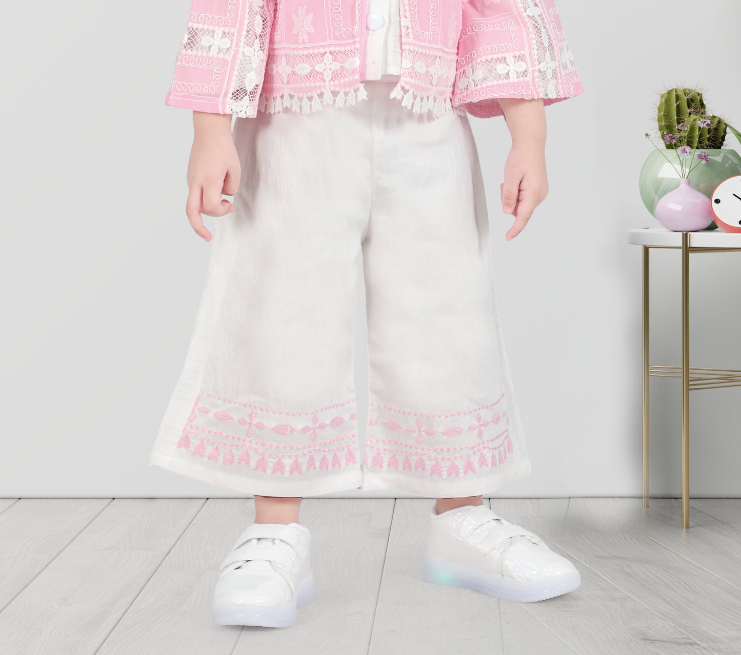 Pink & White Glam Lace Palazzo Set