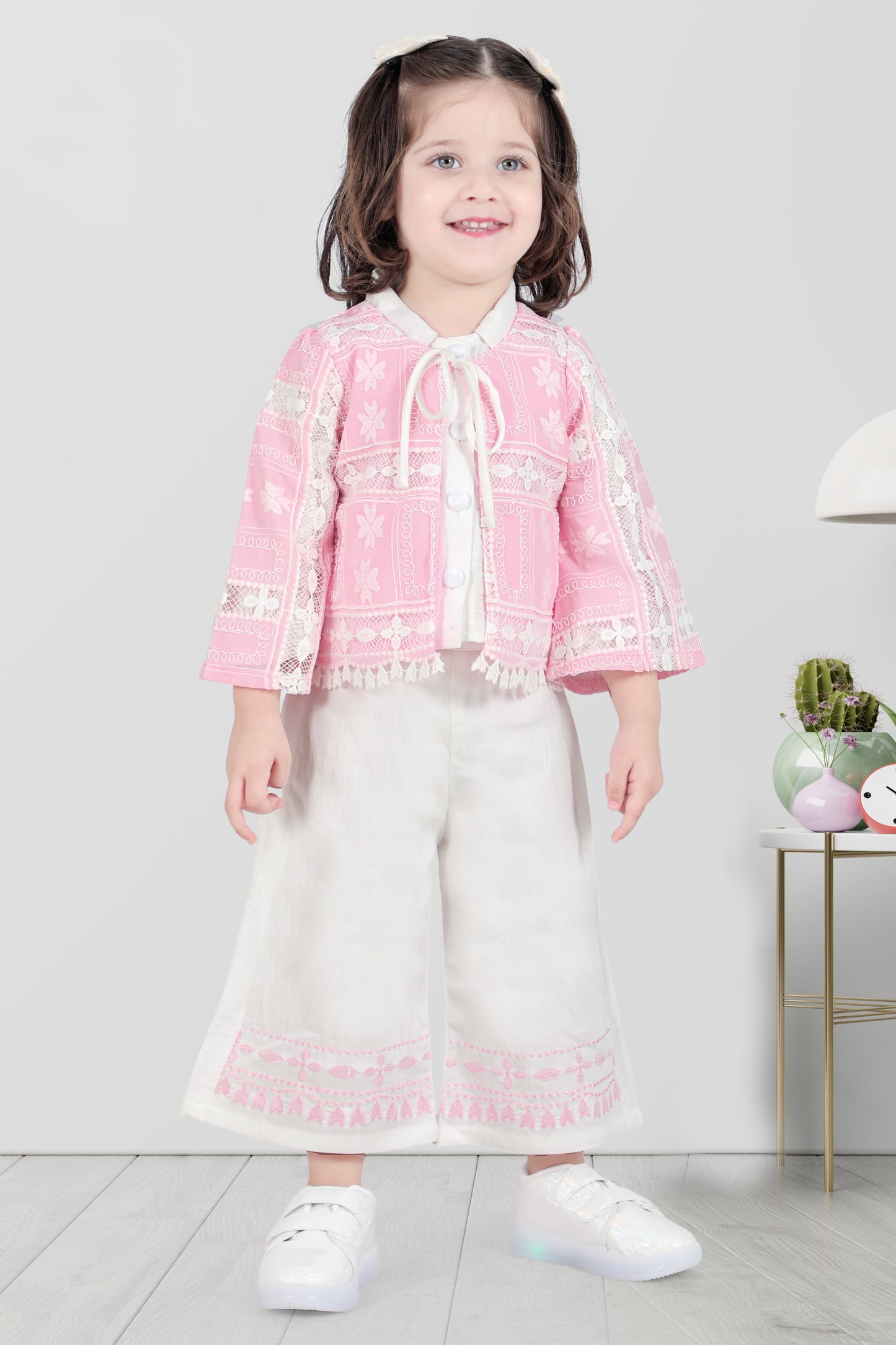 Pink & White Glam Lace Palazzo Set