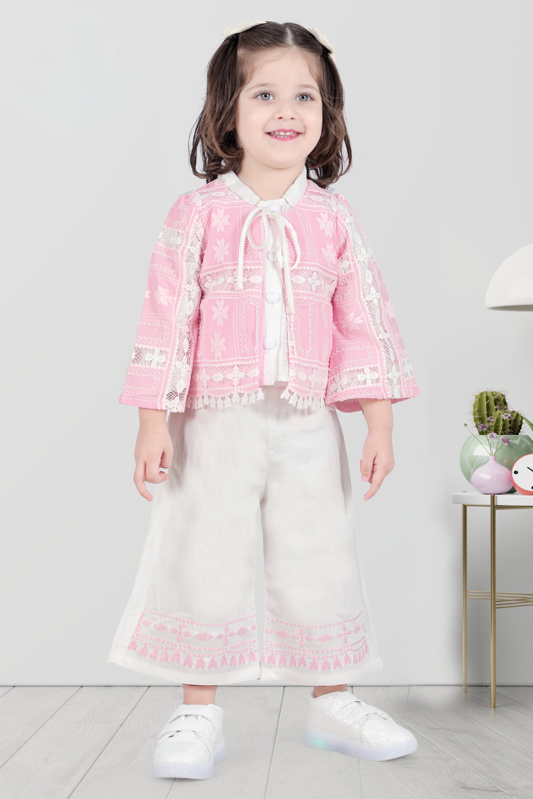 Pink & White Glam Lace Palazzo Set