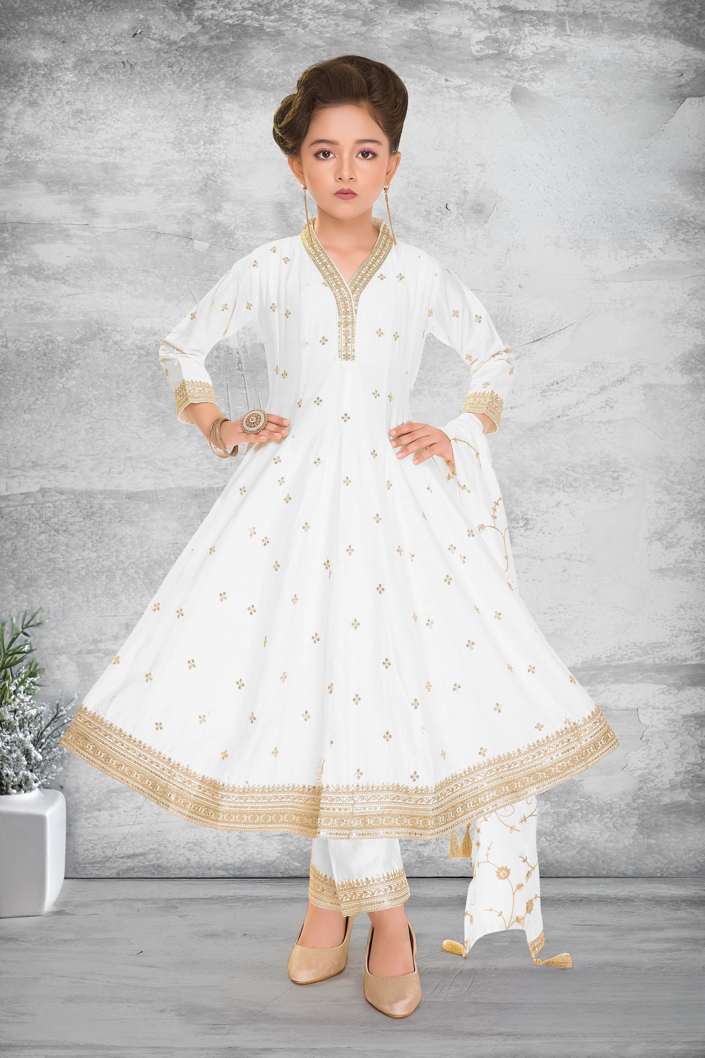 White & Gold Princess Anarkali Party Set