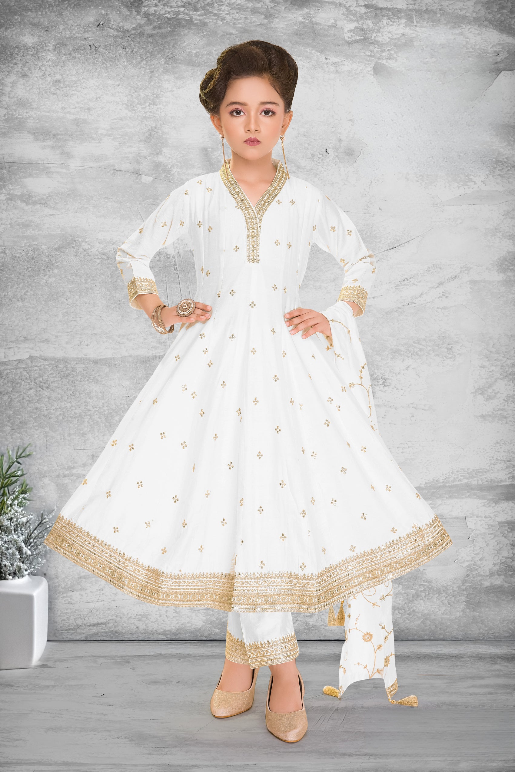 White & Gold Princess Anarkali Party Set