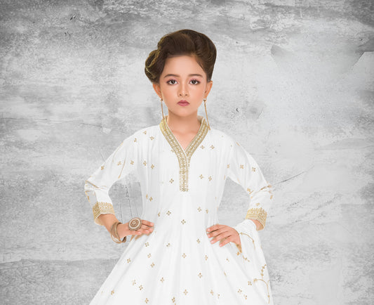 White & Gold Princess Anarkali Party Set