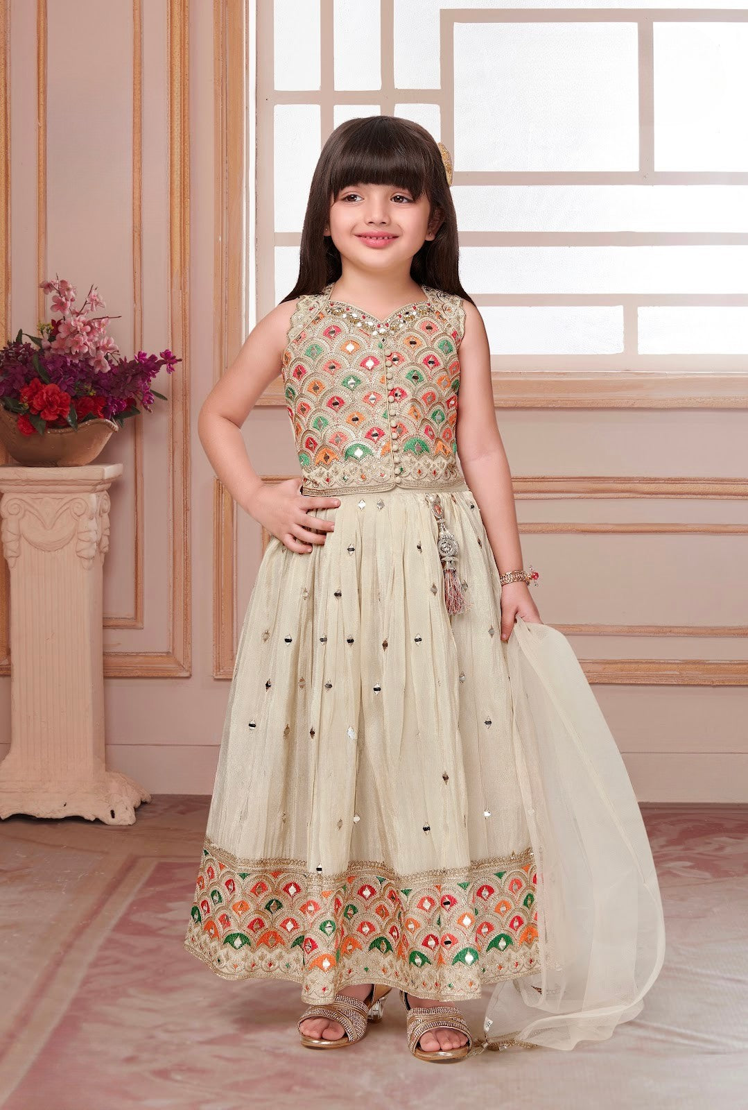 Cream & Multicolor Mirror-Embroidered Festive Lehenga Set