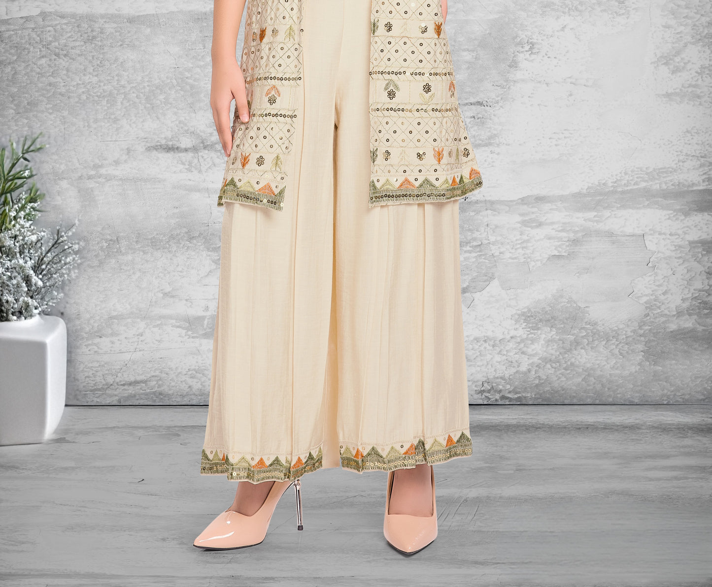 Beige Glam Celebration Palazzo Jacket Set