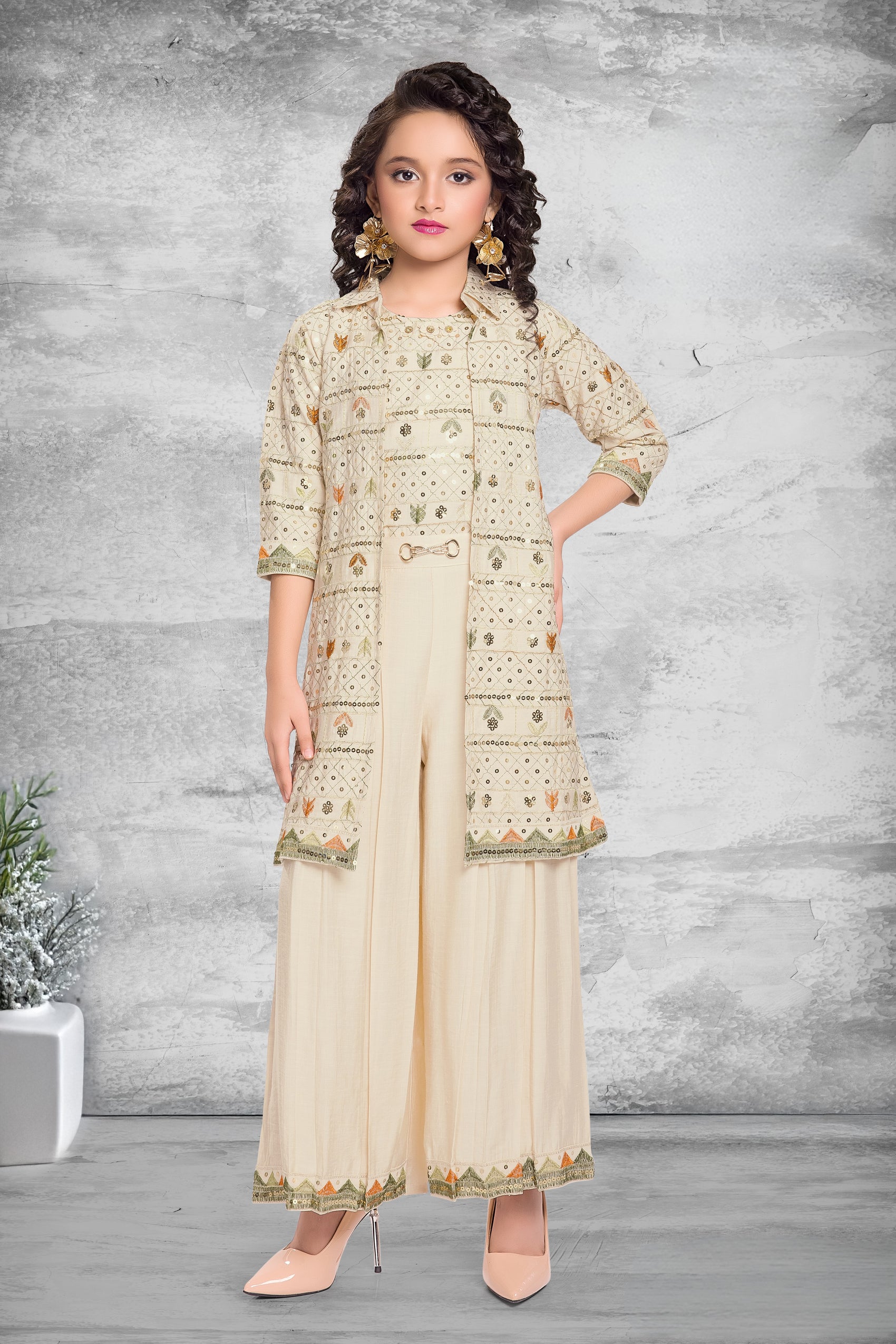 Beige Glam Celebration Palazzo Jacket Set