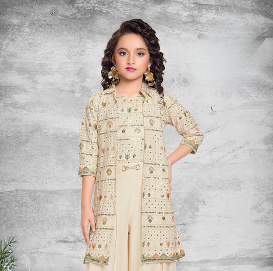 Beige Glam Celebration Palazzo Jacket Set