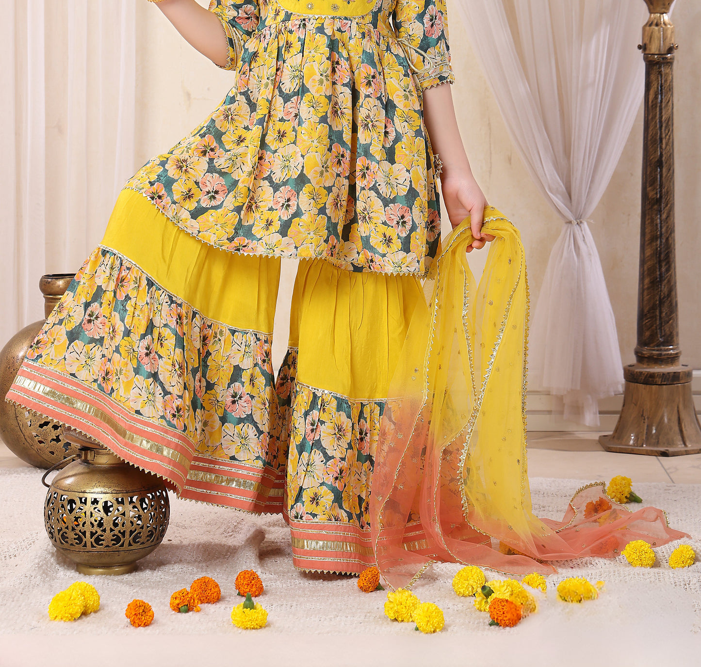 Yellow Princess Glam Floral Sharara Set