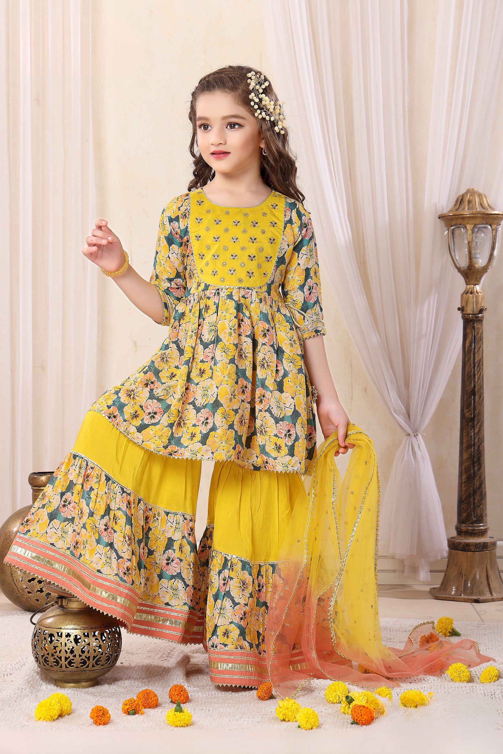 Yellow Princess Glam Floral Sharara Set