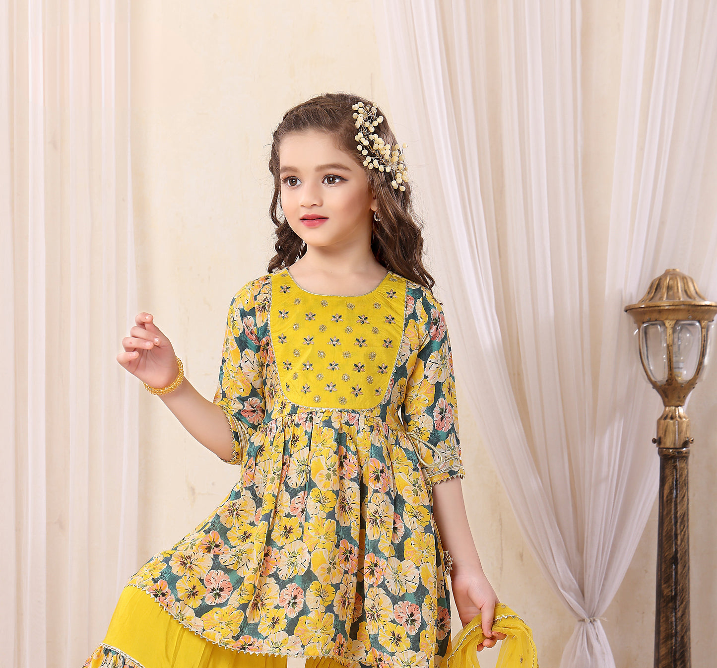 Yellow Princess Glam Floral Sharara Set