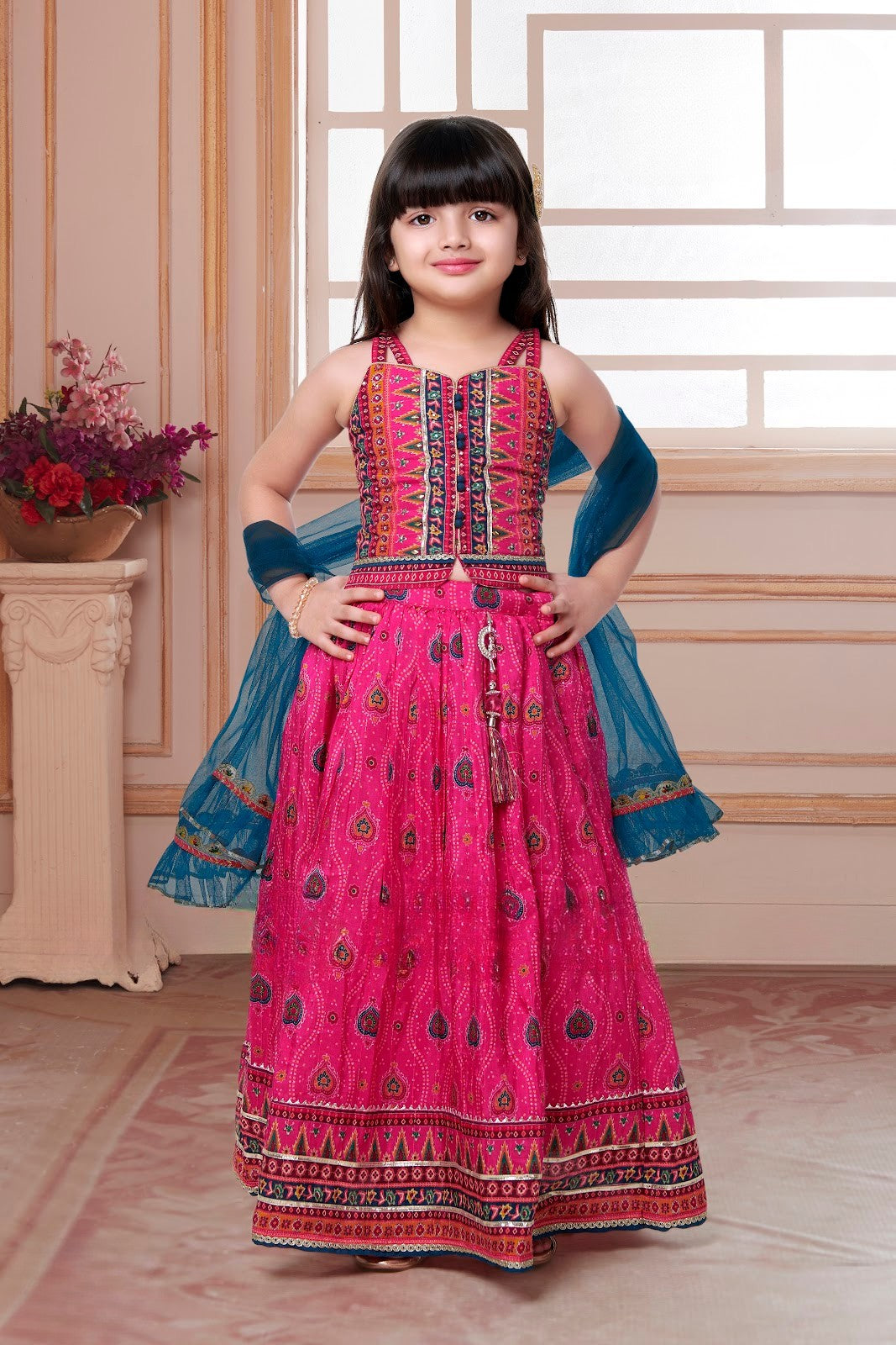 Rani Pink & Teal Boho Mirror-Embroidered Garba Lehenga Set