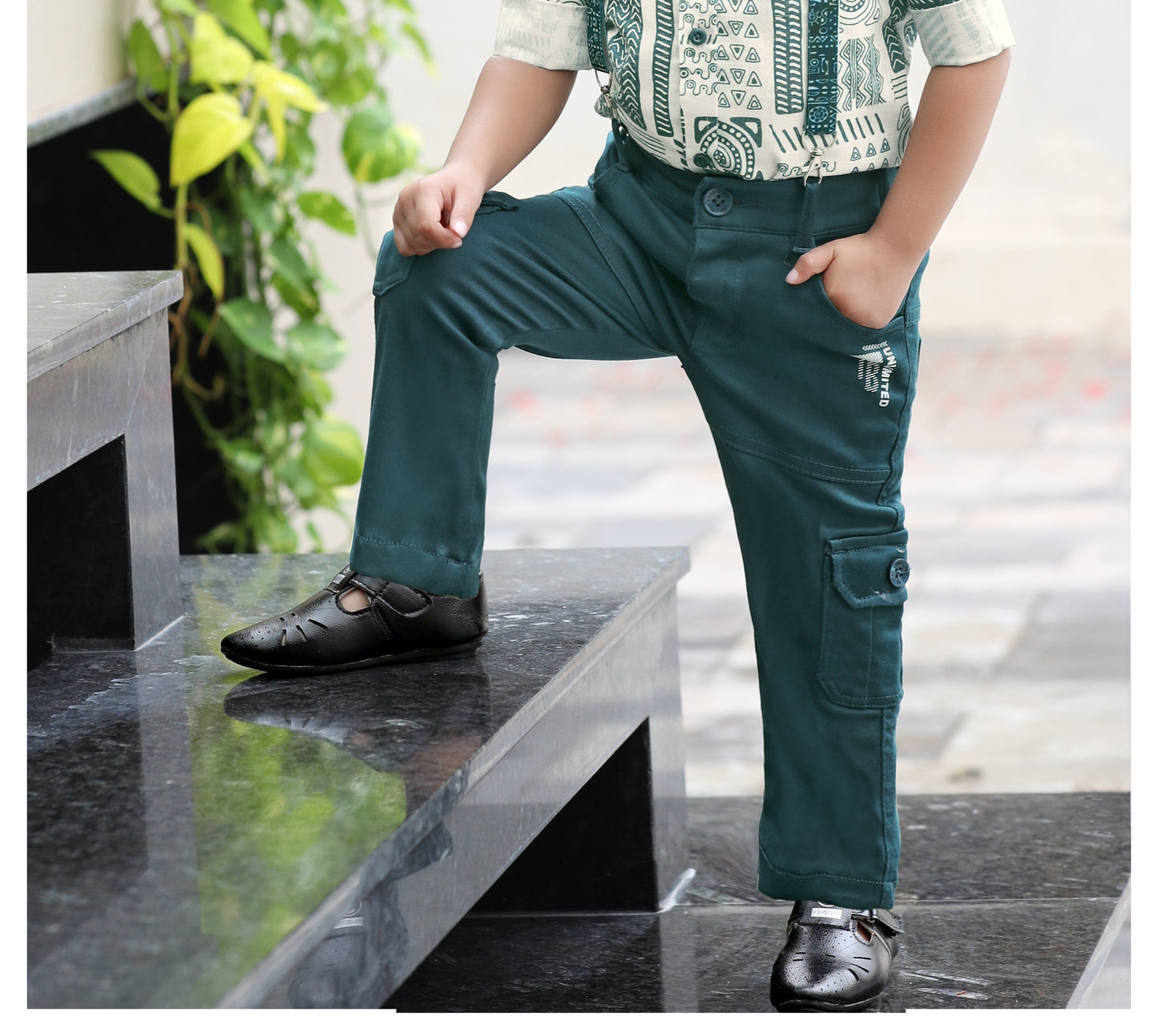 Green Tribal Print Suspender Party Set