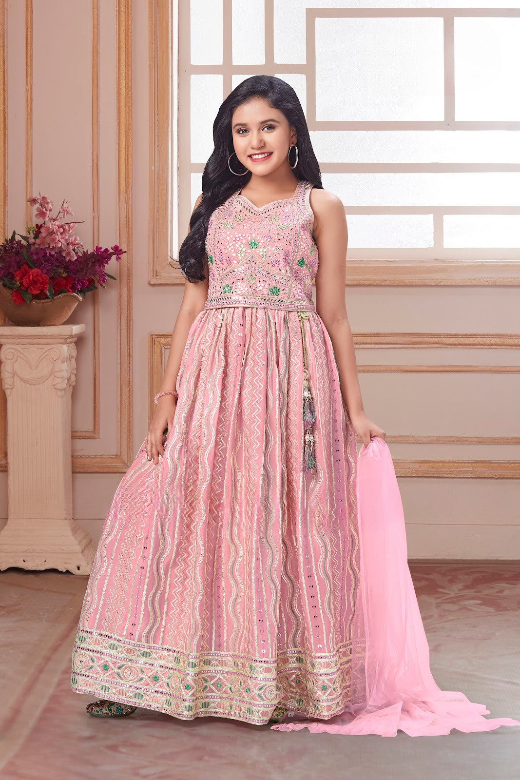 Pink Mirror-Embellished Geometric Lehenga Gown Set