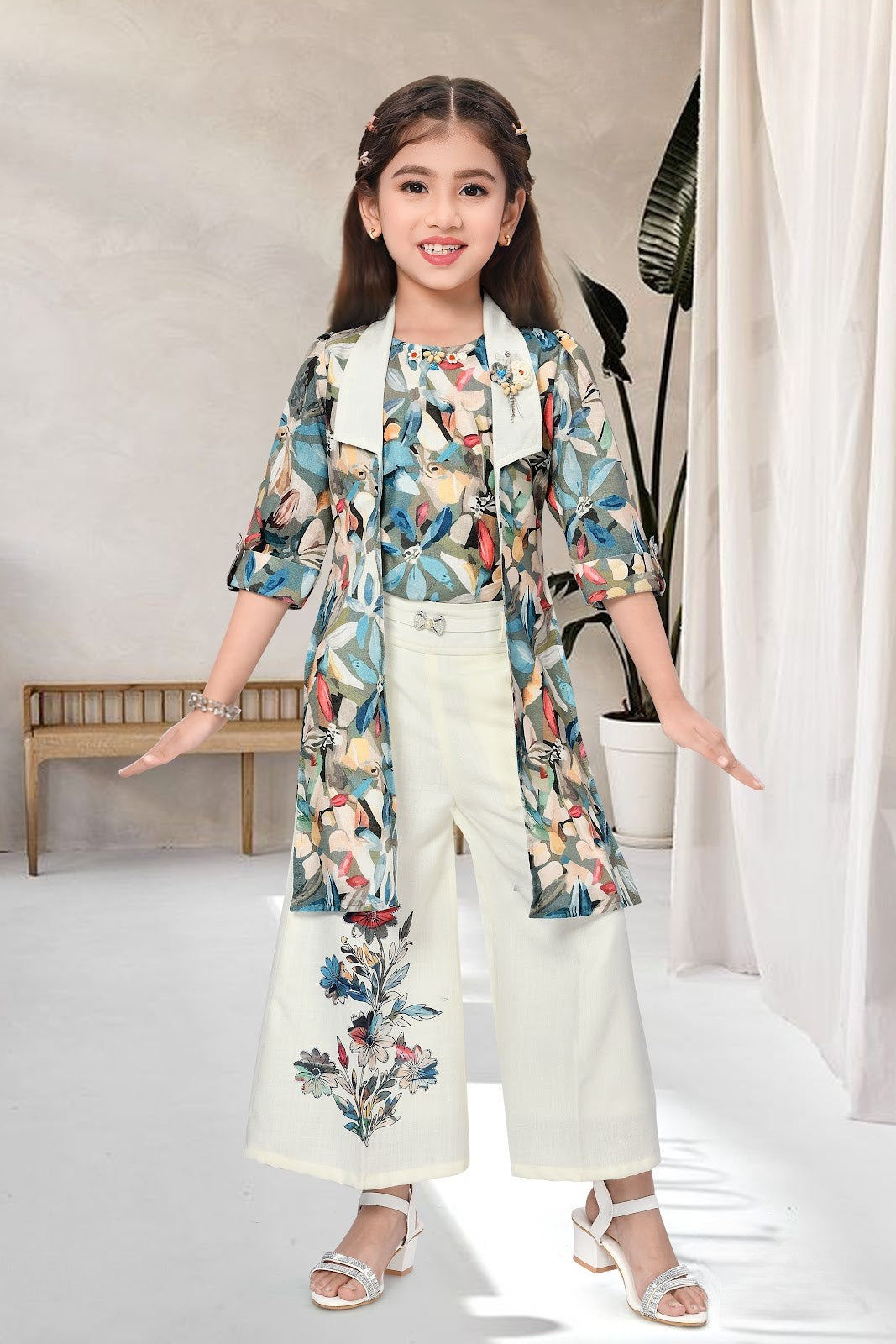 White & Multicolor Girls’ Floral Embroidered Plazo Set with Long Shrug
