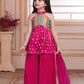 Rani Pink Halter Top with Pleated Sharara & Multicolor Embroidery