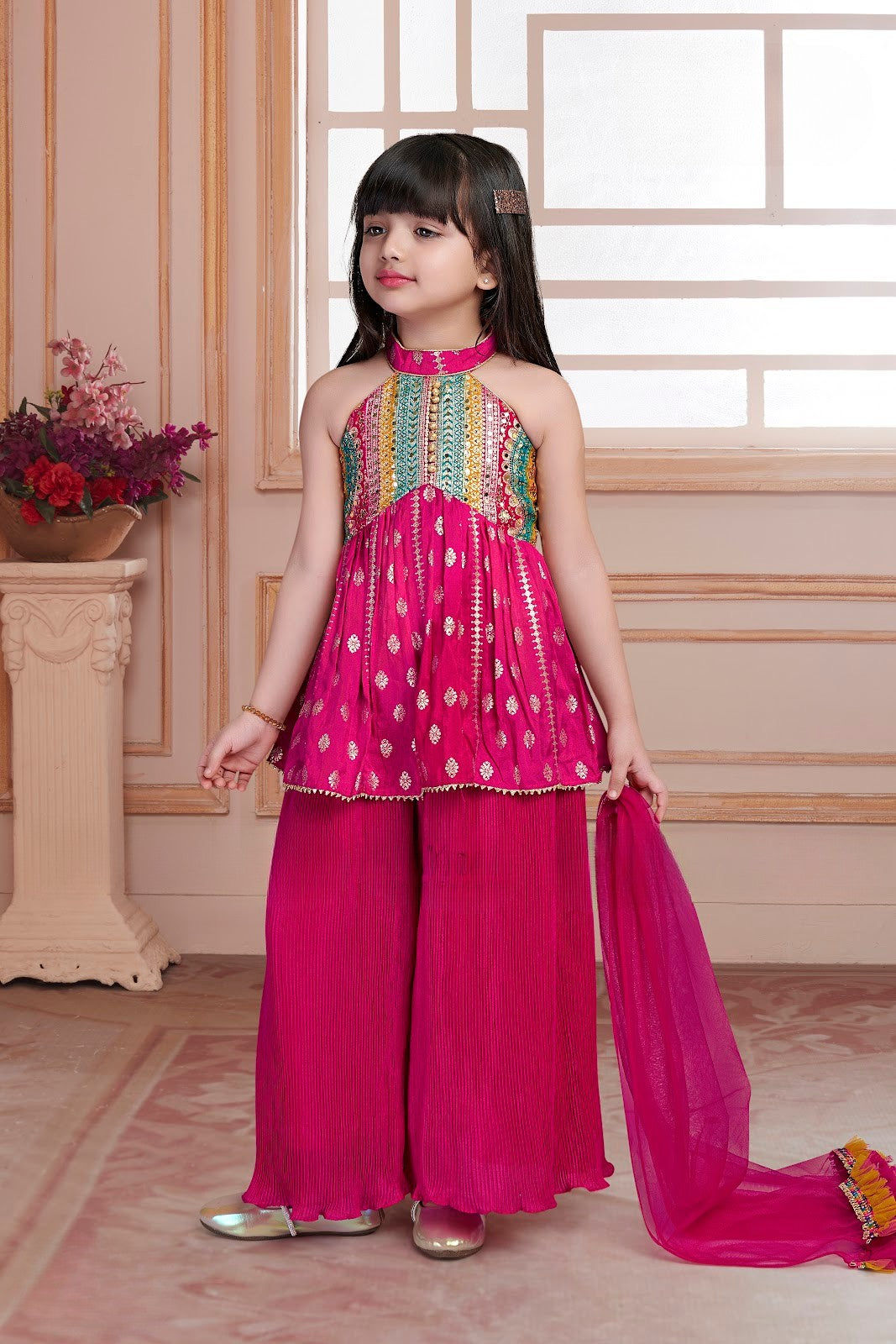 Rani Pink Halter Top with Pleated Sharara & Multicolor Embroidery