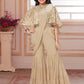 Beige Embellished Crop Top & Sharara Set with Net Cape