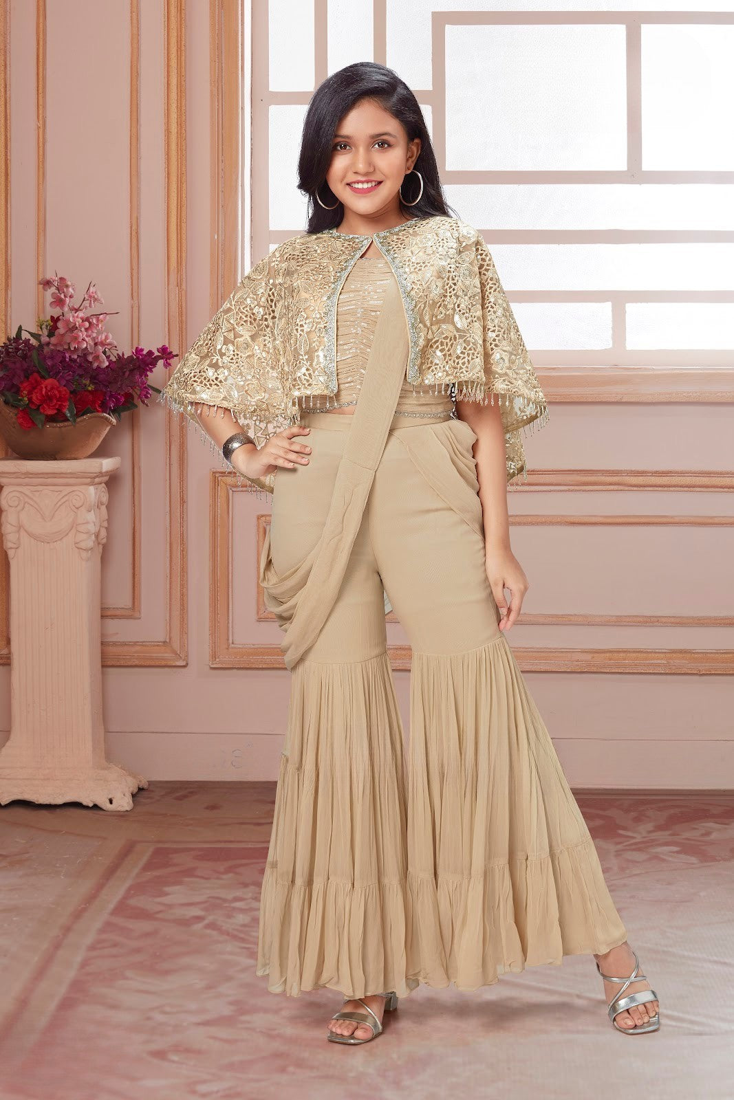 Beige Embellished Crop Top & Sharara Set with Net Cape
