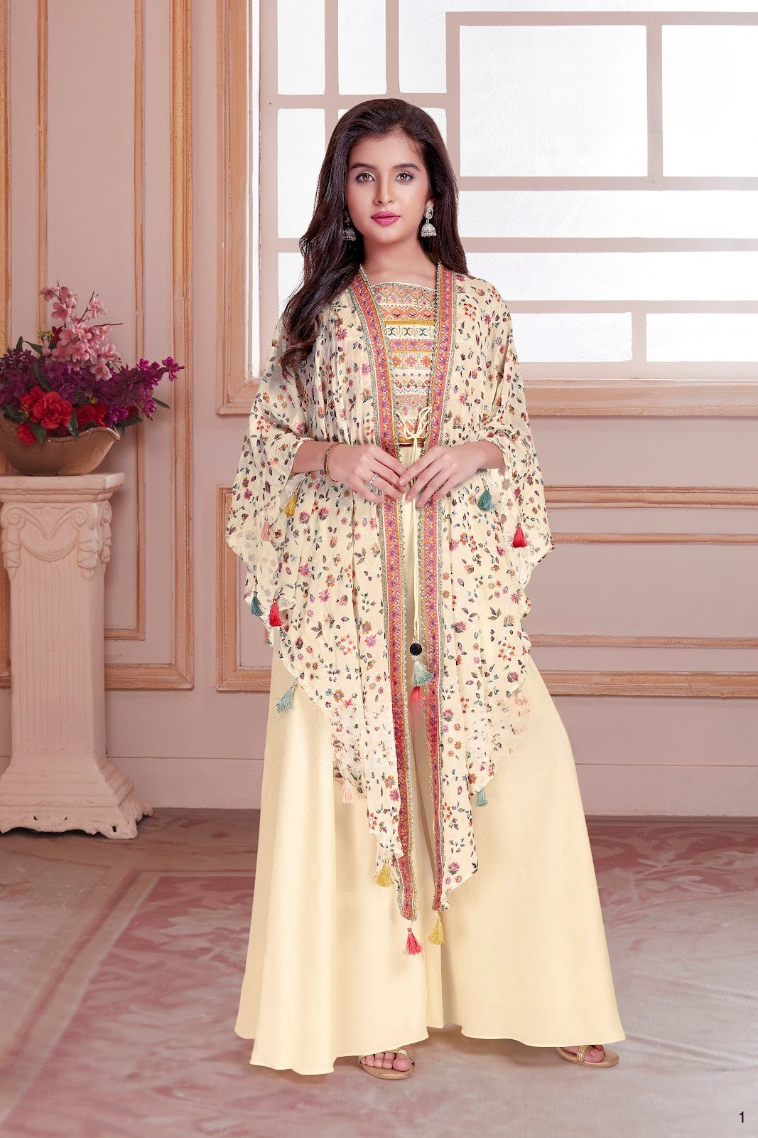 Buttermilk Elegant Floral Cape Pallazo Set