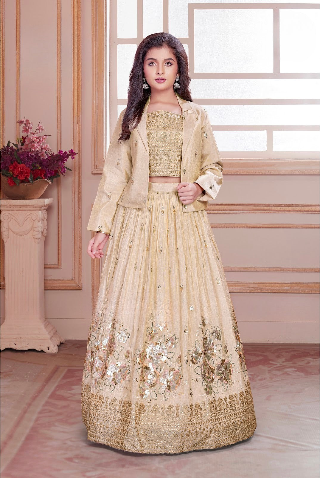 Beige & Gold Girls’ Embroidered Jacket Lehenga Set