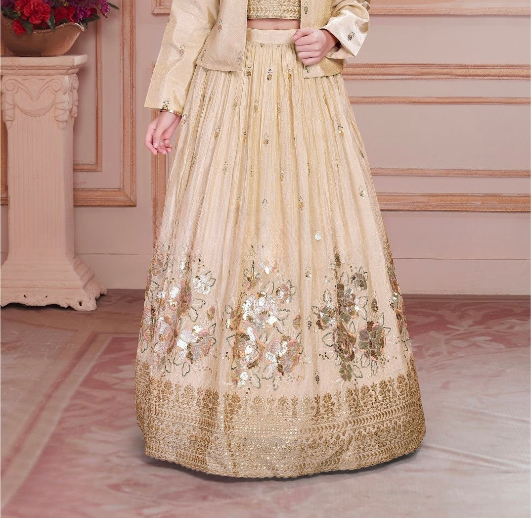 Beige & Gold Girls’ Embroidered Jacket Lehenga Set