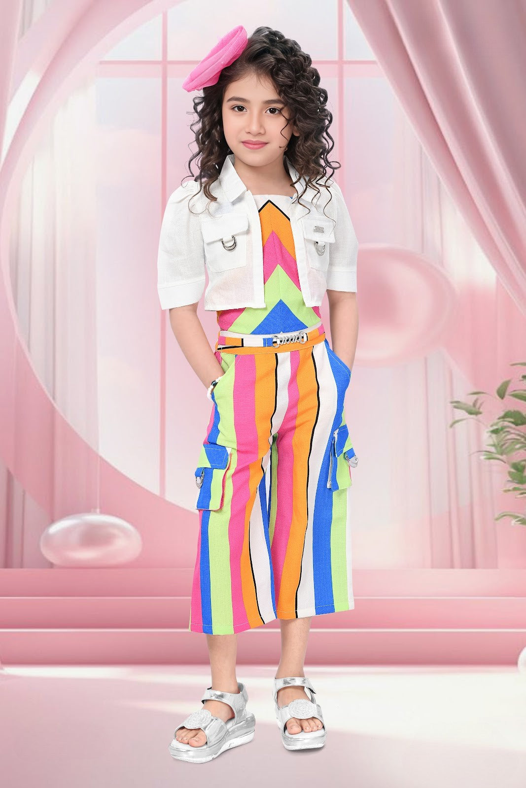 White Rainbow Striped Party Glam Jumpsuit