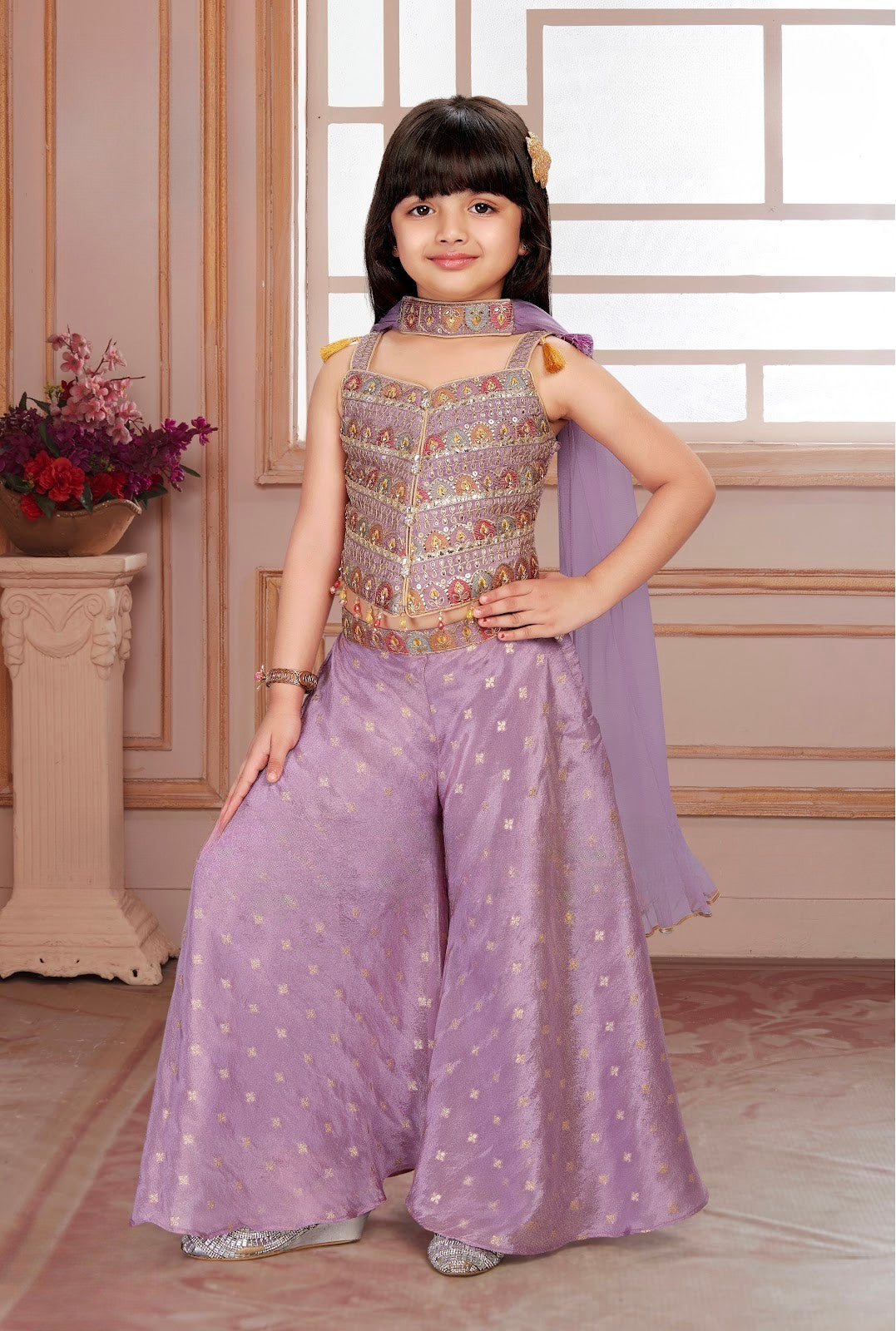 Lavender Girls’ Embroidered Top with Palazzo & Dupatta Set